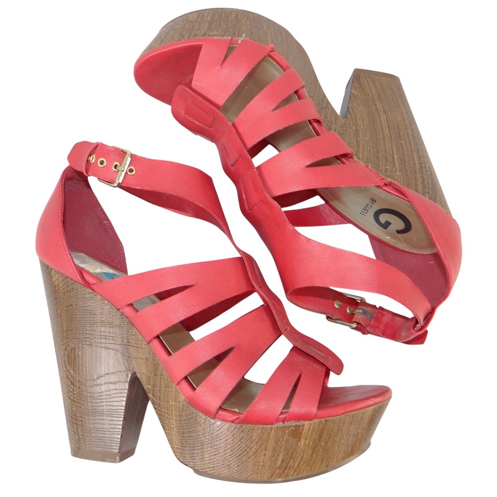 G by Guess Steph Red Strappy Platform Wedge Sandals Faux Wood Heel Women 10M